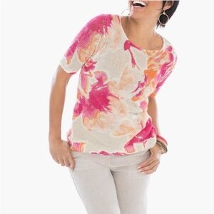 Chico’s Linen & Cotton Floral Pullover Sweater Small Pink Orange Apricot "Agnes"